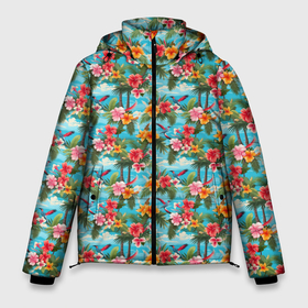 Мужская зимняя куртка 3D с принтом Гавайские  цветочки  паттерн в Новосибирске, верх — 100% полиэстер; подкладка — 100% полиэстер; утеплитель — 100% полиэстер | длина ниже бедра, свободный силуэт Оверсайз. Есть воротник-стойка, отстегивающийся капюшон и ветрозащитная планка. 

Боковые карманы с листочкой на кнопках и внутренний карман на молнии. | 