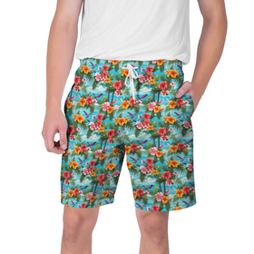 Мужские шорты 3D с принтом Гавайские  цветочки  паттерн в Белгороде,  полиэстер 100% | прямой крой, два кармана без застежек по бокам. Мягкая трикотажная резинка на поясе, внутри которой широкие завязки. Длина чуть выше колен | 