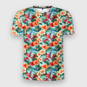 Мужская футболка 3D Slim с принтом Гавайские цветы и птицы в Курске, 100% полиэстер с улучшенными характеристиками | приталенный силуэт, круглая горловина, широкие плечи, сужается к линии бедра | 