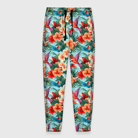 Мужские брюки 3D с принтом Гавайские цветы и птицы в Петрозаводске, 100% полиэстер | манжеты по низу, эластичный пояс регулируется шнурком, по бокам два кармана без застежек, внутренняя часть кармана из мелкой сетки | 
