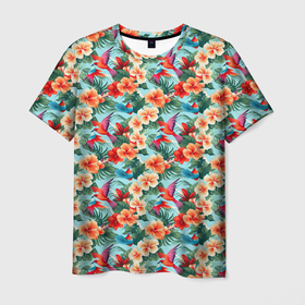 Мужская футболка 3D с принтом Гавайские цветы и птицы в Петрозаводске, 100% полиэфир | прямой крой, круглый вырез горловины, длина до линии бедер | 
