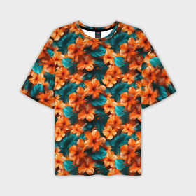 Мужская футболка oversize 3D с принтом Оранжевые цветы гавайские в Курске,  |  | 
