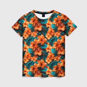 Женская футболка 3D с принтом Оранжевые цветы гавайские в Санкт-Петербурге, 100% полиэфир ( синтетическое хлопкоподобное полотно) | прямой крой, круглый вырез горловины, длина до линии бедер | 