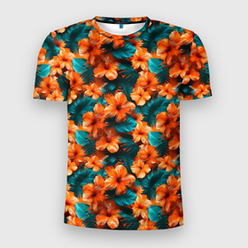 Мужская футболка 3D Slim с принтом Оранжевые цветы гавайские в Курске, 100% полиэстер с улучшенными характеристиками | приталенный силуэт, круглая горловина, широкие плечи, сужается к линии бедра | 