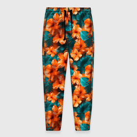 Мужские брюки 3D с принтом Оранжевые цветы гавайские в Петрозаводске, 100% полиэстер | манжеты по низу, эластичный пояс регулируется шнурком, по бокам два кармана без застежек, внутренняя часть кармана из мелкой сетки | 