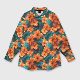 Мужская рубашка oversize 3D с принтом Оранжевые цветы гавайские в Курске,  |  | 