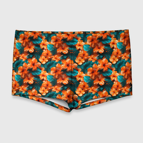 Мужские купальные плавки 3D с принтом Оранжевые цветы гавайские в Тюмени, Полиэстер 85%, Спандекс 15% |  | 