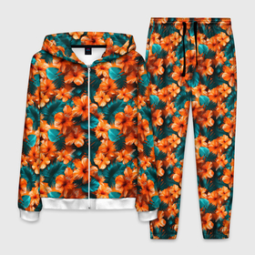 Мужской костюм 3D с принтом Оранжевые цветы гавайские в Курске, 100% полиэстер | Манжеты и пояс оформлены тканевой резинкой, двухслойный капюшон со шнурком для регулировки, карманы спереди | 