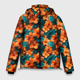 Мужская зимняя куртка 3D с принтом Оранжевые цветы гавайские в Новосибирске, верх — 100% полиэстер; подкладка — 100% полиэстер; утеплитель — 100% полиэстер | длина ниже бедра, свободный силуэт Оверсайз. Есть воротник-стойка, отстегивающийся капюшон и ветрозащитная планка. 

Боковые карманы с листочкой на кнопках и внутренний карман на молнии. | 