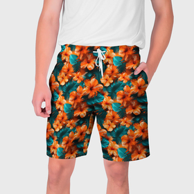 Мужские шорты 3D с принтом Оранжевые цветы гавайские ,  полиэстер 100% | прямой крой, два кармана без застежек по бокам. Мягкая трикотажная резинка на поясе, внутри которой широкие завязки. Длина чуть выше колен | 