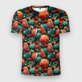 Мужская футболка 3D Slim с принтом Тропические фрукты паттерн в Тюмени, 100% полиэстер с улучшенными характеристиками | приталенный силуэт, круглая горловина, широкие плечи, сужается к линии бедра | Тематика изображения на принте: 