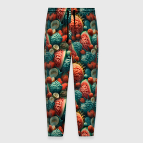 Мужские брюки 3D с принтом Тропические фрукты паттерн в Тюмени, 100% полиэстер | манжеты по низу, эластичный пояс регулируется шнурком, по бокам два кармана без застежек, внутренняя часть кармана из мелкой сетки | 