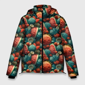 Мужская зимняя куртка 3D с принтом Тропические фрукты паттерн в Санкт-Петербурге, верх — 100% полиэстер; подкладка — 100% полиэстер; утеплитель — 100% полиэстер | длина ниже бедра, свободный силуэт Оверсайз. Есть воротник-стойка, отстегивающийся капюшон и ветрозащитная планка. 

Боковые карманы с листочкой на кнопках и внутренний карман на молнии. | 