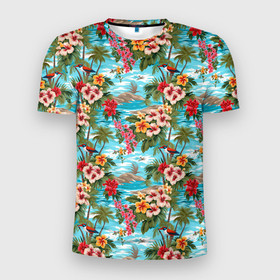 Мужская футболка 3D Slim с принтом Разноцветные  гавайские цветы в Курске, 100% полиэстер с улучшенными характеристиками | приталенный силуэт, круглая горловина, широкие плечи, сужается к линии бедра | 
