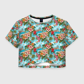 Женская футболка Crop-top 3D с принтом Разноцветные  гавайские цветы в Тюмени, 100% полиэстер | круглая горловина, длина футболки до линии талии, рукава с отворотами | 