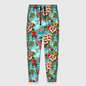 Мужские брюки 3D с принтом Разноцветные  гавайские цветы в Петрозаводске, 100% полиэстер | манжеты по низу, эластичный пояс регулируется шнурком, по бокам два кармана без застежек, внутренняя часть кармана из мелкой сетки | 