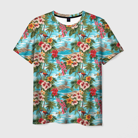 Мужская футболка 3D с принтом Разноцветные  гавайские цветы в Тюмени, 100% полиэфир | прямой крой, круглый вырез горловины, длина до линии бедер | 