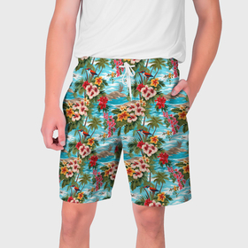 Мужские шорты 3D с принтом Разноцветные  гавайские цветы в Кировске,  полиэстер 100% | прямой крой, два кармана без застежек по бокам. Мягкая трикотажная резинка на поясе, внутри которой широкие завязки. Длина чуть выше колен | 