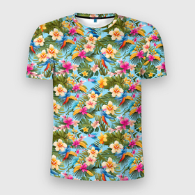 Мужская футболка 3D Slim с принтом Разноцветные  цветочки  гавайские в Тюмени, 100% полиэстер с улучшенными характеристиками | приталенный силуэт, круглая горловина, широкие плечи, сужается к линии бедра | 
