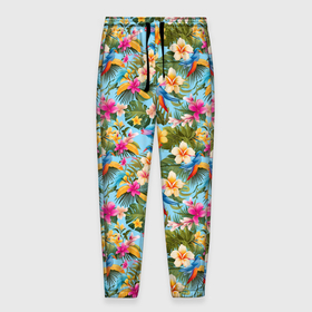 Мужские брюки 3D с принтом Разноцветные  цветочки  гавайские в Тюмени, 100% полиэстер | манжеты по низу, эластичный пояс регулируется шнурком, по бокам два кармана без застежек, внутренняя часть кармана из мелкой сетки | 