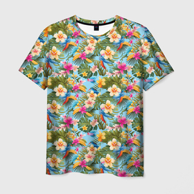 Мужская футболка 3D с принтом Разноцветные  цветочки  гавайские в Тюмени, 100% полиэфир | прямой крой, круглый вырез горловины, длина до линии бедер | 