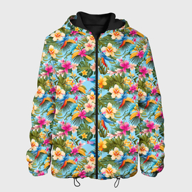Мужская куртка 3D с принтом Разноцветные  цветочки  гавайские в Тюмени, ткань верха — 100% полиэстер, подклад — флис | прямой крой, подол и капюшон оформлены резинкой с фиксаторами, два кармана без застежек по бокам, один большой потайной карман на груди. Карман на груди застегивается на липучку | 