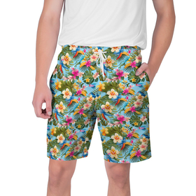 Мужские шорты 3D с принтом Разноцветные  цветочки  гавайские ,  полиэстер 100% | прямой крой, два кармана без застежек по бокам. Мягкая трикотажная резинка на поясе, внутри которой широкие завязки. Длина чуть выше колен | 