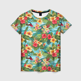 Женская футболка 3D с принтом Летние гавайские цветочки в Санкт-Петербурге, 100% полиэфир ( синтетическое хлопкоподобное полотно) | прямой крой, круглый вырез горловины, длина до линии бедер | 
