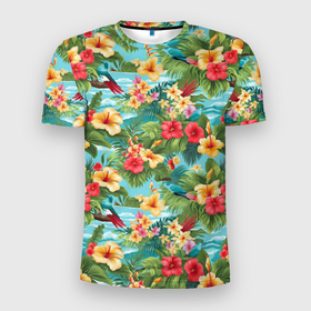 Мужская футболка 3D Slim с принтом Летние гавайские цветочки в Петрозаводске, 100% полиэстер с улучшенными характеристиками | приталенный силуэт, круглая горловина, широкие плечи, сужается к линии бедра | 