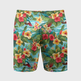 Мужские шорты спортивные с принтом Летние гавайские цветочки в Петрозаводске,  |  | 