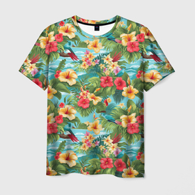 Мужская футболка 3D с принтом Летние гавайские цветочки в Петрозаводске, 100% полиэфир | прямой крой, круглый вырез горловины, длина до линии бедер | 