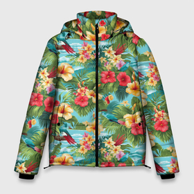 Мужская зимняя куртка 3D с принтом Летние гавайские цветочки в Белгороде, верх — 100% полиэстер; подкладка — 100% полиэстер; утеплитель — 100% полиэстер | длина ниже бедра, свободный силуэт Оверсайз. Есть воротник-стойка, отстегивающийся капюшон и ветрозащитная планка. 

Боковые карманы с листочкой на кнопках и внутренний карман на молнии. | 