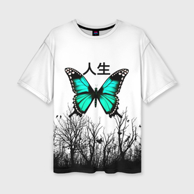 Женская футболка oversize 3D с принтом с бабочкой на фоне японского иероглифа ,  |  | 