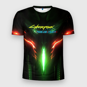 Мужская футболка 3D Slim с принтом Киберпанк 2077 призрачная свобода зеленое свечение в Екатеринбурге, 100% полиэстер с улучшенными характеристиками | приталенный силуэт, круглая горловина, широкие плечи, сужается к линии бедра | 