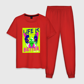 Мужская пижама хлопок с принтом Постер Бульдог life is better в Курске, 100% хлопок | брюки и футболка прямого кроя, без карманов, на брюках мягкая резинка на поясе и по низу штанин
 | 