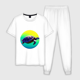 Мужская пижама хлопок с принтом Плывущая морская черепаха , 100% хлопок | брюки и футболка прямого кроя, без карманов, на брюках мягкая резинка на поясе и по низу штанин
 | 