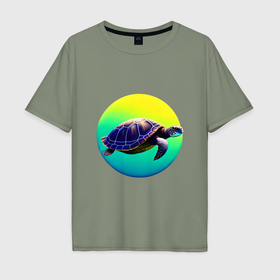 Мужская футболка хлопок Oversize с принтом Плывущая морская черепаха в Кировске, 100% хлопок | свободный крой, круглый ворот, “спинка” длиннее передней части | Тематика изображения на принте: 