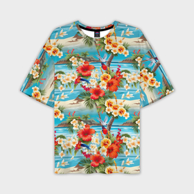 Мужская футболка oversize 3D с принтом Светлый гавайский фон и цветы в Екатеринбурге,  |  | Тематика изображения на принте: 
