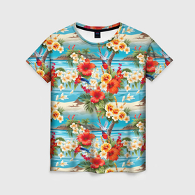 Женская футболка 3D с принтом Светлый гавайский фон и цветы в Белгороде, 100% полиэфир ( синтетическое хлопкоподобное полотно) | прямой крой, круглый вырез горловины, длина до линии бедер | 