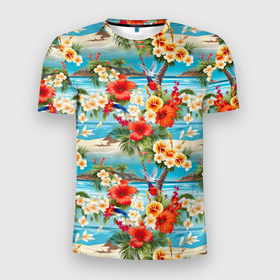 Мужская футболка 3D Slim с принтом Светлый гавайский фон и цветы в Новосибирске, 100% полиэстер с улучшенными характеристиками | приталенный силуэт, круглая горловина, широкие плечи, сужается к линии бедра | 