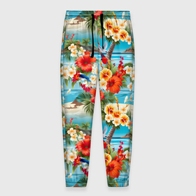 Мужские брюки 3D с принтом Светлый гавайский фон и цветы в Петрозаводске, 100% полиэстер | манжеты по низу, эластичный пояс регулируется шнурком, по бокам два кармана без застежек, внутренняя часть кармана из мелкой сетки | 