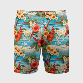 Мужские шорты спортивные с принтом Светлый гавайский фон и цветы в Курске,  |  | Тематика изображения на принте: 