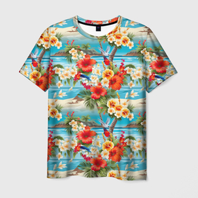 Мужская футболка 3D с принтом Светлый гавайский фон и цветы в Екатеринбурге, 100% полиэфир | прямой крой, круглый вырез горловины, длина до линии бедер | Тематика изображения на принте: 