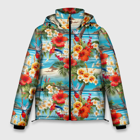 Мужская зимняя куртка 3D с принтом Светлый гавайский фон и цветы в Екатеринбурге, верх — 100% полиэстер; подкладка — 100% полиэстер; утеплитель — 100% полиэстер | длина ниже бедра, свободный силуэт Оверсайз. Есть воротник-стойка, отстегивающийся капюшон и ветрозащитная планка. 

Боковые карманы с листочкой на кнопках и внутренний карман на молнии. | Тематика изображения на принте: 