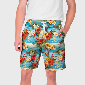 Мужские шорты 3D с принтом Светлый гавайский фон и цветы в Белгороде,  полиэстер 100% | прямой крой, два кармана без застежек по бокам. Мягкая трикотажная резинка на поясе, внутри которой широкие завязки. Длина чуть выше колен | 