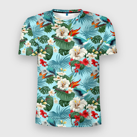 Мужская футболка 3D Slim с принтом Белые гавайские цветы в Курске, 100% полиэстер с улучшенными характеристиками | приталенный силуэт, круглая горловина, широкие плечи, сужается к линии бедра | 