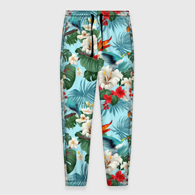Мужские брюки 3D с принтом Белые гавайские цветы в Петрозаводске, 100% полиэстер | манжеты по низу, эластичный пояс регулируется шнурком, по бокам два кармана без застежек, внутренняя часть кармана из мелкой сетки | 