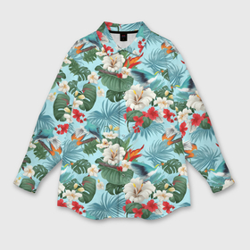 Мужская рубашка oversize 3D с принтом Белые гавайские цветы в Курске,  |  | 
