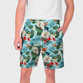Мужские шорты 3D с принтом Белые гавайские цветы в Кировске,  полиэстер 100% | прямой крой, два кармана без застежек по бокам. Мягкая трикотажная резинка на поясе, внутри которой широкие завязки. Длина чуть выше колен | 