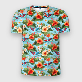 Мужская футболка 3D Slim с принтом Разные  гавайские  цветочки в Тюмени, 100% полиэстер с улучшенными характеристиками | приталенный силуэт, круглая горловина, широкие плечи, сужается к линии бедра | 